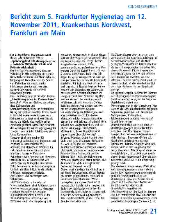 Vorschauseite 1: Bericht zum 5. Frankfurter Hygienetag am 12. November 2011, Krankenhaus Nordwest, Frankfurt am Main