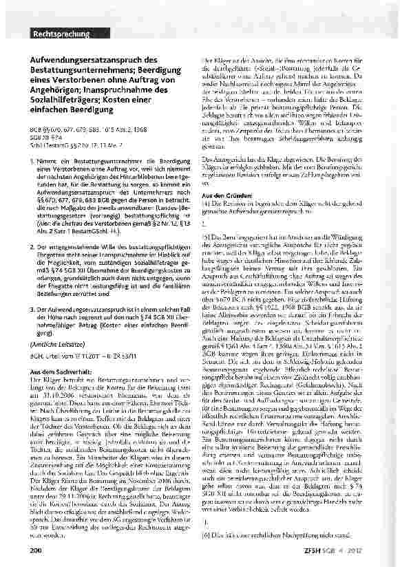 Vorschauseite 1: Aufwendungsersatzanspruch des Bestattungsunternehmens; Beerdigung eines Verstorbenen ohne Auftrag von Angehörigen; Inanspruchnahme des Sozialhilfeträgers; Kosten einer einfachen B…