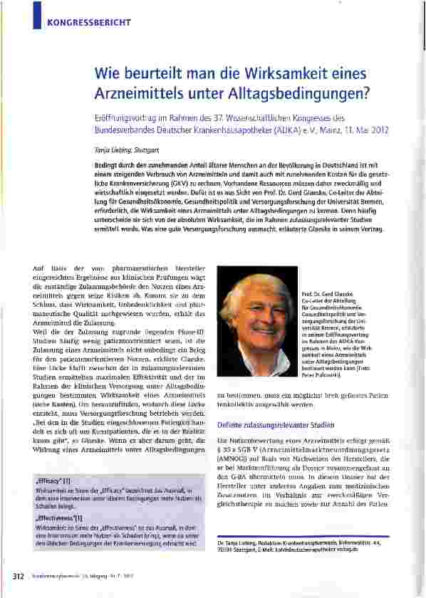 Vorschauseite 1: Wie beurteilt man die Wirksamkeit eines Arzneimittels unter Alltagsbedingungen?