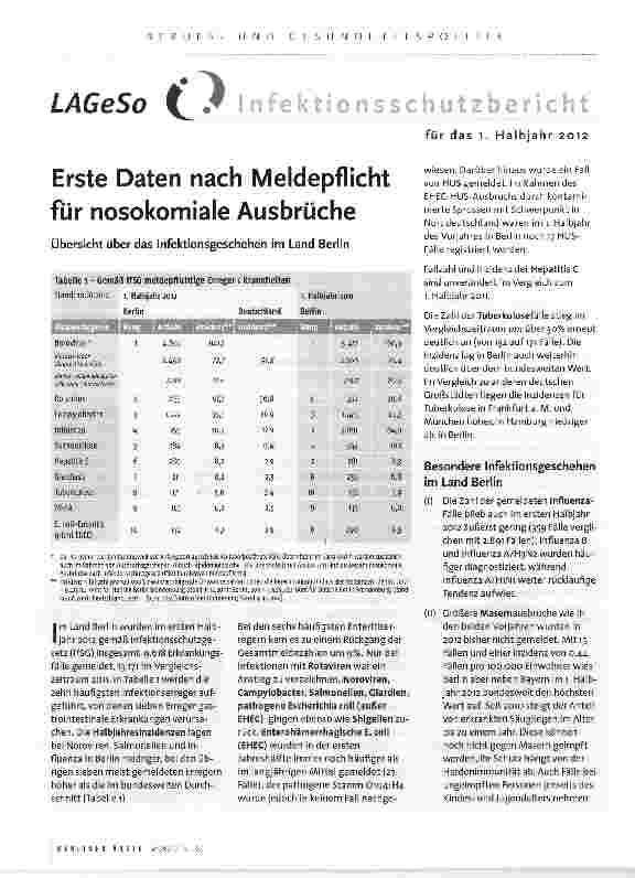 Vorschauseite 1: Erste Daten nach Meldepflicht für nosokomiale AusbrücheÜbersicht über das Infektionsgeschehen im Land Berlin