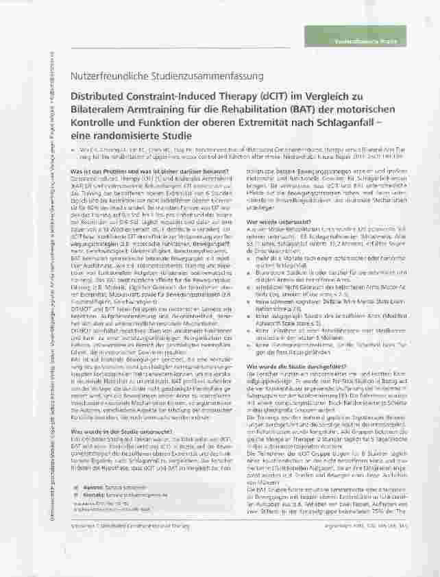Vorschauseite 1: Distributed Constraint-Induced Therapy (dCIT) im Vergleich zu Bilateralem Armtraining für die Rehabilitation (BAT) der motorischen Kontrolle und Funktion der oberen Extremität nac…