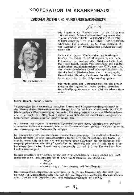Vorschauseite 1: Kooperation im Krankenhaus zwischen Ärzten und Pflegeberufsangehörigen Diskussionsveranstaltung 1/1992 in Hannover