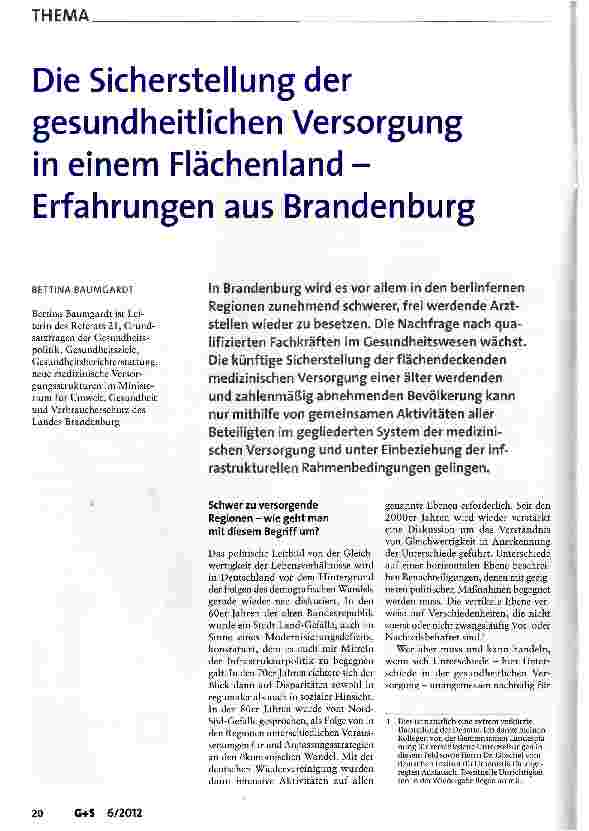 Vorschauseite 1: Die Sicherstellung der gesundheitlichen Versorgung in einem Flächenland -Erfahrungen aus Brandenburg