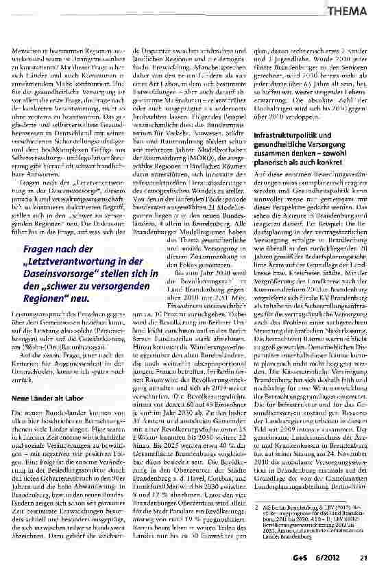 Vorschauseite 2: Die Sicherstellung der gesundheitlichen Versorgung in einem Flächenland -Erfahrungen aus Brandenburg