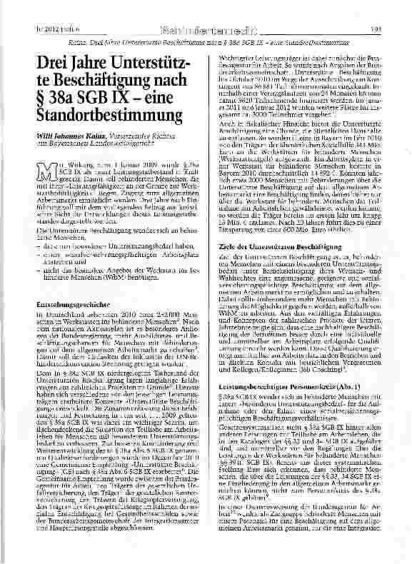 Vorschauseite 1: Drei Jahre Unterstützte Beschäftigung nach § 38a SGB IX - eine Standortbestimmung