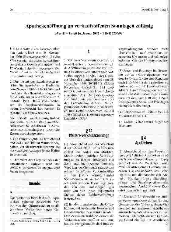 Vorschauseite 1: Apothekenöffnung an verkaufsoffenen Sonntagen zulässig