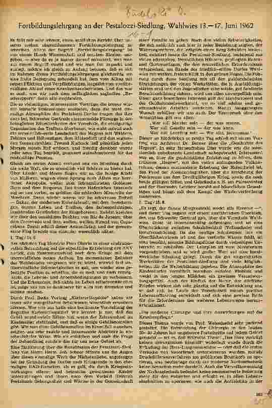 Vorschauseite 1: Fortbildungslehrgang an der Pestalozzi-Siedlung, Wahlwies vom 13.-17. Juni 1962