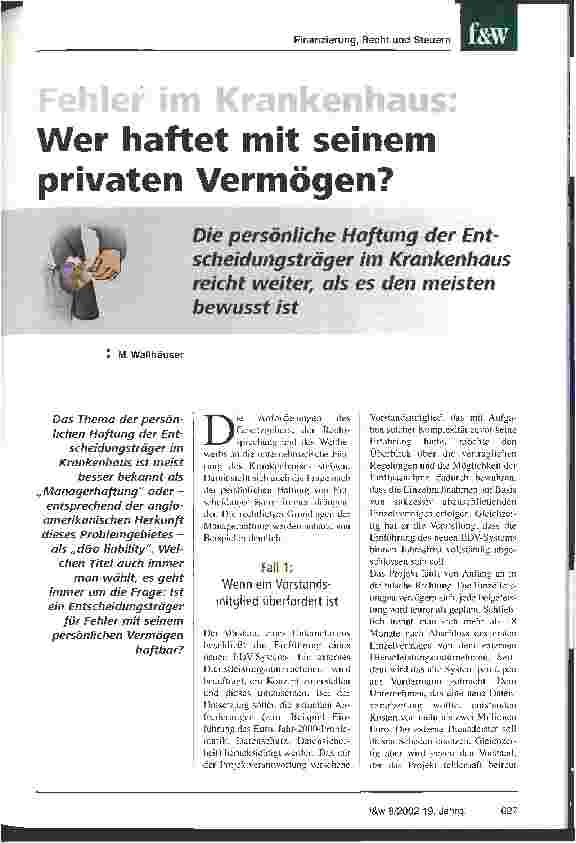 Vorschauseite 1: Fehler im Krankenhaus: Wer haftet mit seinem privaten Vermögen? Die persönliche Haftung der Entscheidungsträger im Krankenhaus reicht weiter, als es den meisten bewusst ist