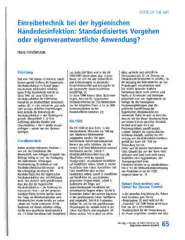 Vorschauseite 1: Einreibetechnik bei der hygienischen Händedesinfektion: Standardisiertes Vorgehen oder eigenverantwortliche Anwendung?