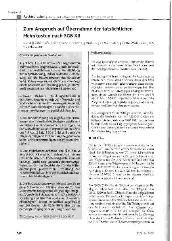 Vorschauseite 1: Zum Anspruch auf Übernahme der tatsächlichen Heimkosten nach SGB XII