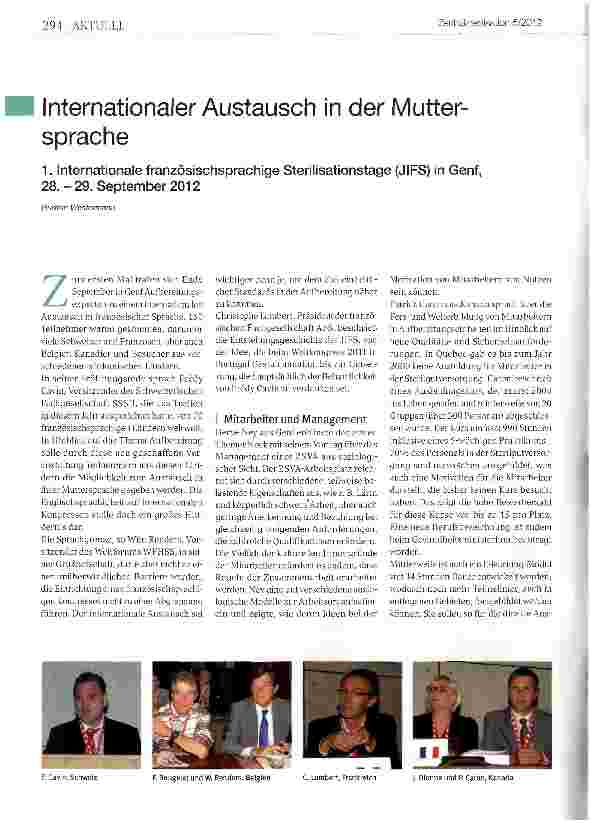 Vorschauseite 1: Internationaler Austausch in der Muttersprache 1. Internationale französischsprachige Sterilisationstage (JIFS) in Genf, 28. - 29. September 2012