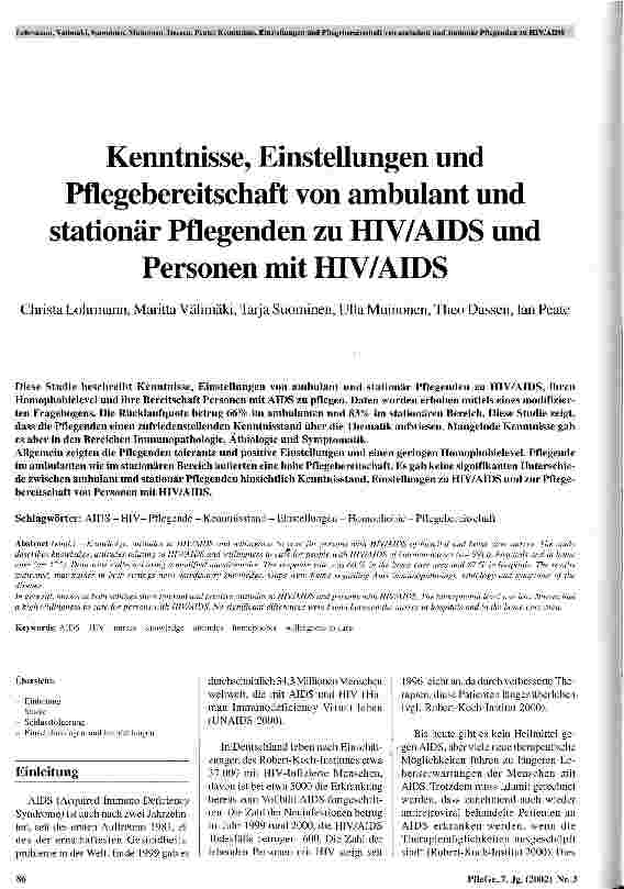Vorschauseite 1: Kenntnisse, Einstellungen und Pflegebereitschaft von ambulant und stationär Pflegenden zu HIV/AIDS und Personen mit HIV/AIDS