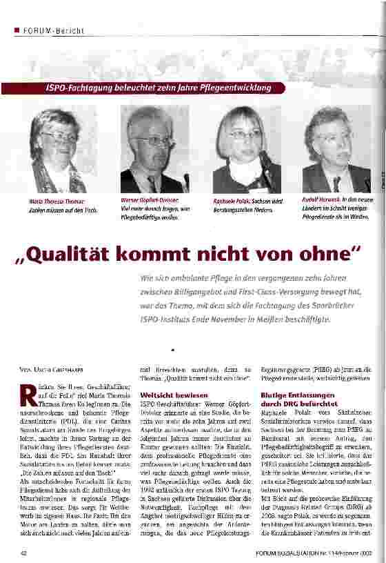 Vorschauseite 1: Qualität kommt nicht von ohne ISPO-Fachtagung beleuchtet zehn Jahre Pflegeentwicklung