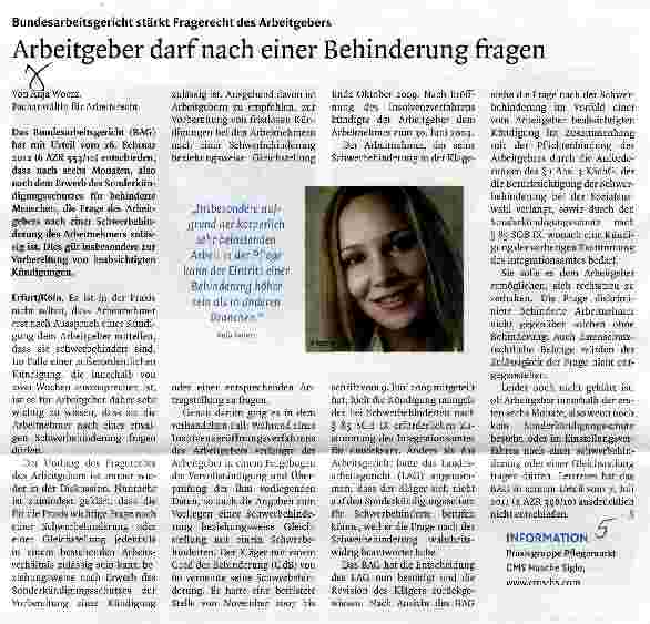Vorschauseite 1: Arbeitgeber darf nach einer Behinderung fragen