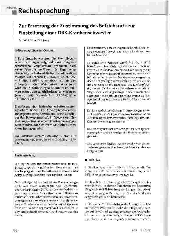 Vorschauseite 1: Zur Ersetzung der Zustimmung des Betriebsrats zur Einstellung einer DRK-KrankenschwesterBetrVG § 99; AÜG § 1 Abs. 1