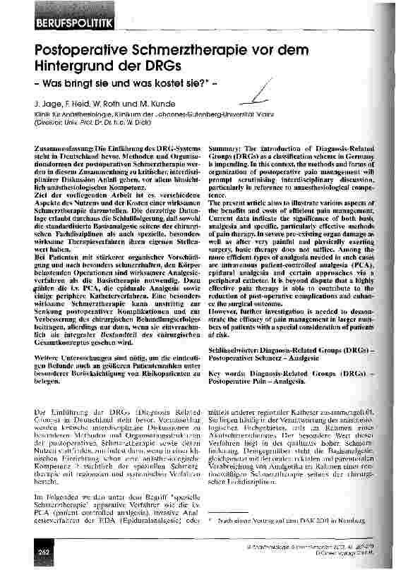 Vorschauseite 1: Postoperative Schmerztherapie vor dem Hintergrund der DRGs Was bringt sie und was kostet sie?