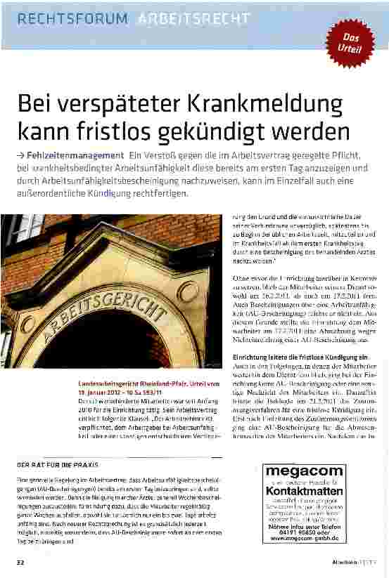 Vorschauseite 1: Bei verspäteter Krankmeldung kann fristlos gekündigt werden