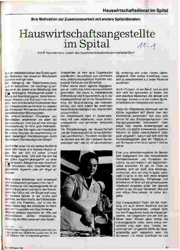 Vorschauseite 1: Hauswirtschaftsangestellte im Spital Ihre Motivation zur Zusammenarbeit mit anderen Spitaldiensten