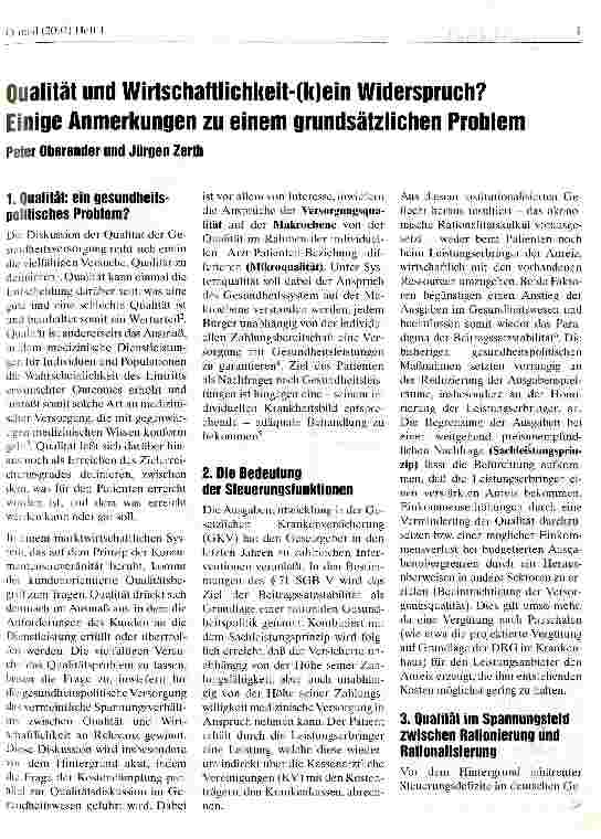 Vorschauseite 1: Qualität und Wirtschaftlichkeit-(k)ein Widerspruch? Einige Anmerkungen zu einem grundsätzlichen Problem