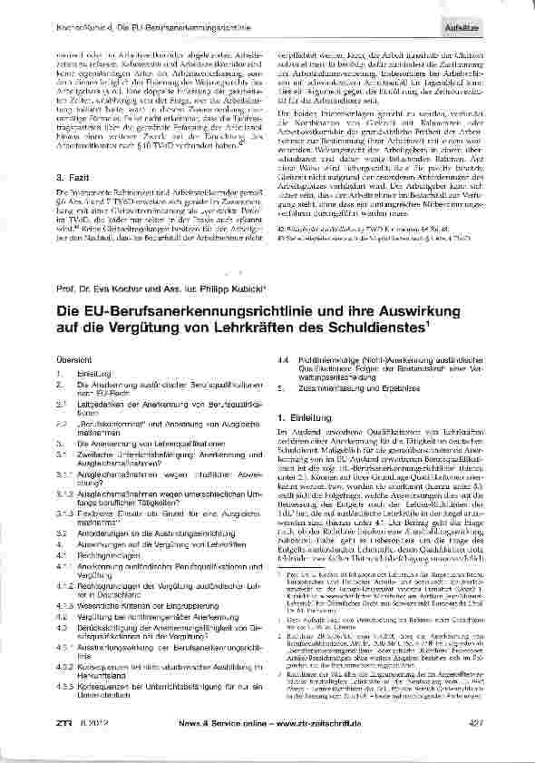 Vorschauseite 1: Die EU-Berufsanerkennungsrichtlinie und ihre Auswirkung auf die Vergütung von Lehrkräften des Schuldienstes