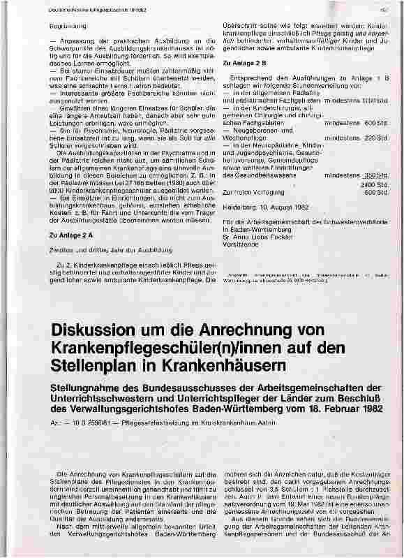 Vorschauseite 1: Diskussion um die Anrechnung von Krankenpflegeschüler/innen auf den Stellenplan in KH. Stellungsnahme Bundesausschuß Unterrichtskräfte....