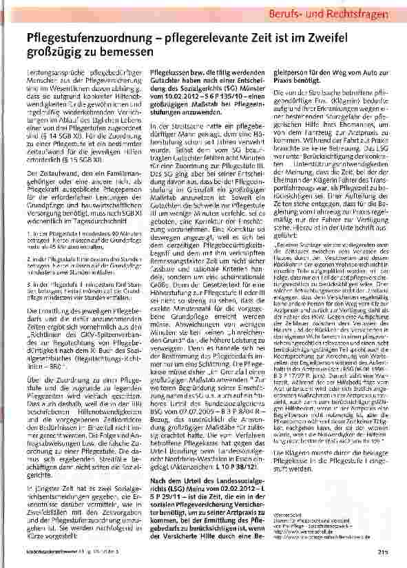 Vorschauseite 1: Pflegestufenzuordnungpflegerelevante Zeit ist im Zweifel großzügig zu bemessen