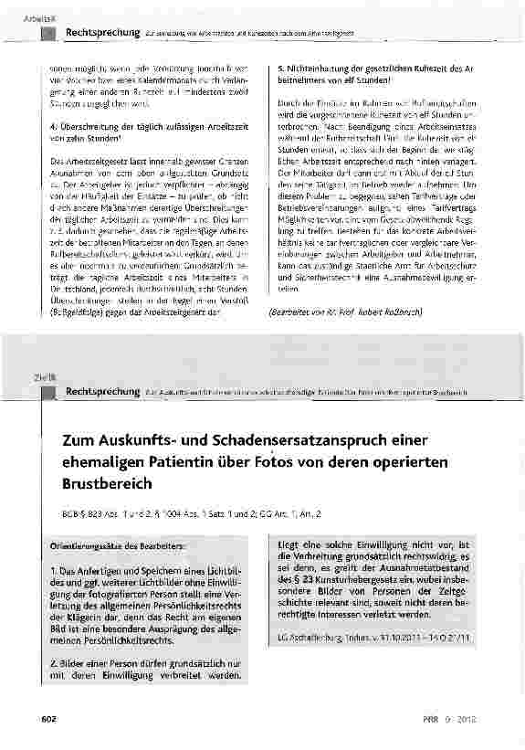 Vorschauseite 1: Zum Auskunftsund Schadensersatzanspruch einer ehemaligen Patientin über Fotos von deren operierten Brustbereich BGB § 823 Abs. 1 und 2, § 1004 Abs. 1 Satz 1 und 2; GG Art. 1, Art.…