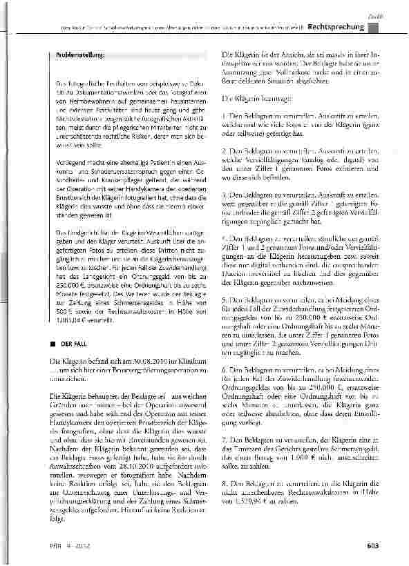 Vorschauseite 2: Zum Auskunftsund Schadensersatzanspruch einer ehemaligen Patientin über Fotos von deren operierten Brustbereich BGB § 823 Abs. 1 und 2, § 1004 Abs. 1 Satz 1 und 2; GG Art. 1, Art.…