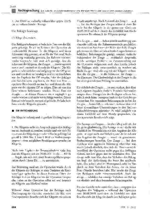 Vorschauseite 3: Zum Auskunftsund Schadensersatzanspruch einer ehemaligen Patientin über Fotos von deren operierten Brustbereich BGB § 823 Abs. 1 und 2, § 1004 Abs. 1 Satz 1 und 2; GG Art. 1, Art.…