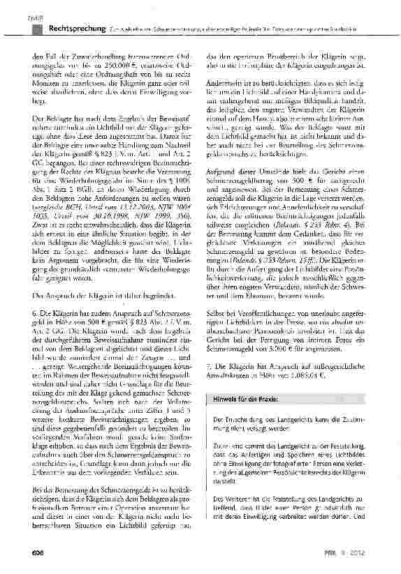 Vorschauseite 5: Zum Auskunftsund Schadensersatzanspruch einer ehemaligen Patientin über Fotos von deren operierten Brustbereich BGB § 823 Abs. 1 und 2, § 1004 Abs. 1 Satz 1 und 2; GG Art. 1, Art.…