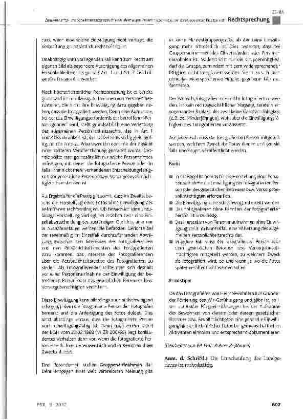 Vorschauseite 6: Zum Auskunftsund Schadensersatzanspruch einer ehemaligen Patientin über Fotos von deren operierten Brustbereich BGB § 823 Abs. 1 und 2, § 1004 Abs. 1 Satz 1 und 2; GG Art. 1, Art.…
