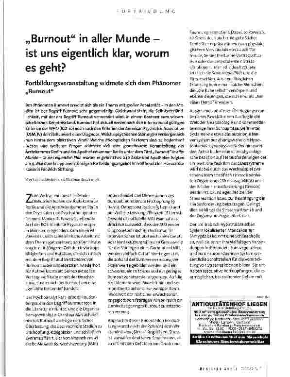 Vorschauseite 1: „Burnout in aller Munde -ist uns eigentlich klar, worum es geht?