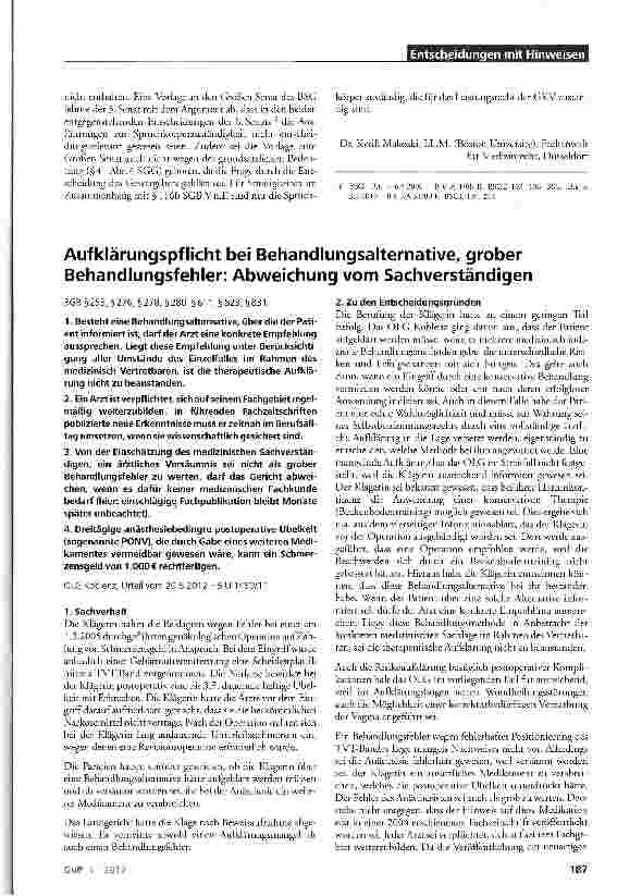 Vorschauseite 1: Aufklärungspflicht bei Behandlungsalternative, grober Behandlungsfehler: Abweichung vom Sachverständigen