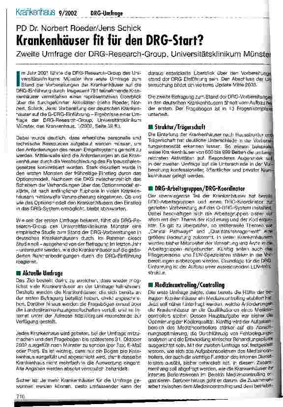 Vorschauseite 1: Krankenhäuser fit für den DRG-Start? Zweite Umfrage der DRG-Research-Group, Universitätsklinikum Münster