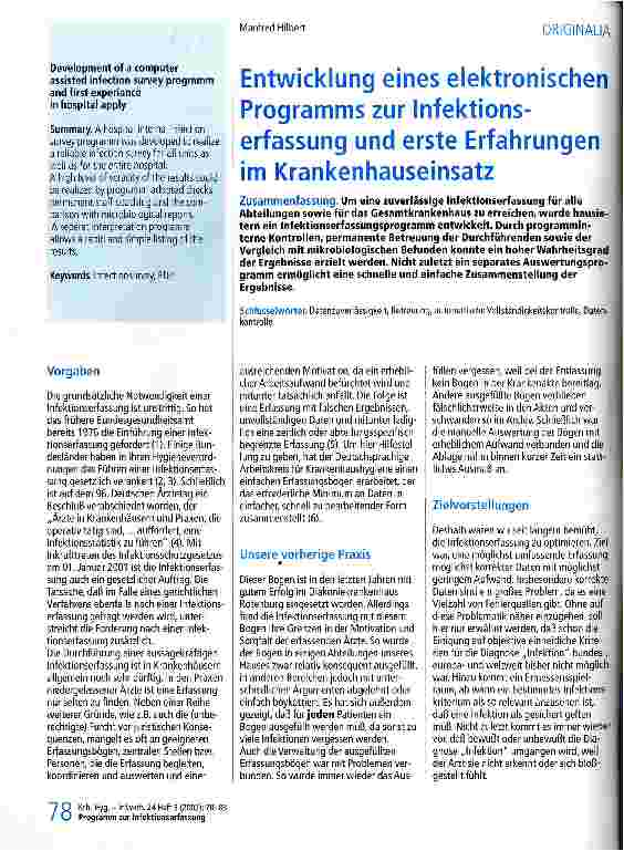 Vorschauseite 1: Entwicklung eines elektronischen Programms zur Infektionserfassung und erste Erfahrungen im Krankenhauseinsatz