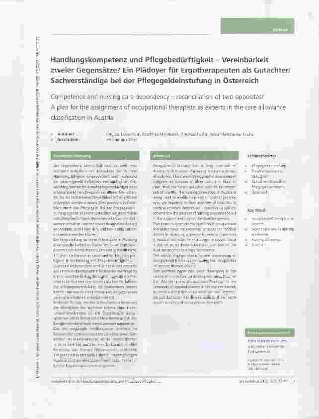 Vorschauseite 1: Handlungskompetenz und Pflegebedürftigkeit Vereinbarkeit zweier Gegensätze? Ein Plädoyer für Ergotherapeuten als Gutachter/ Sachverständige bei der Pflegegeldeinstufung in Österre…