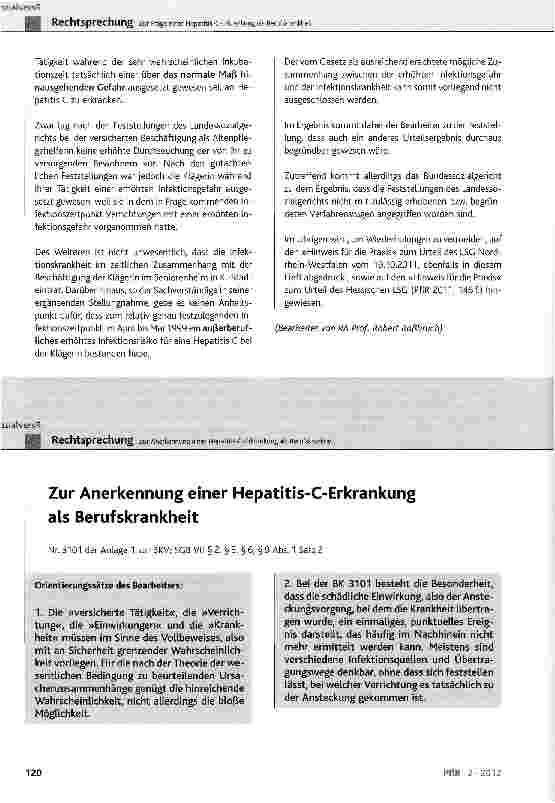 Vorschauseite 1: Zur Anerkennung einer Hepatitis-C-Erkrankung als Berufskrankheit