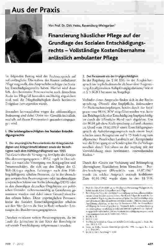 Vorschauseite 1: Finanzierung häuslicher Pflege auf der Grundlage des Sozialen Entschädigungsrechts - Vollständige Kostenübernahme anlässlich ambulanter Pflege