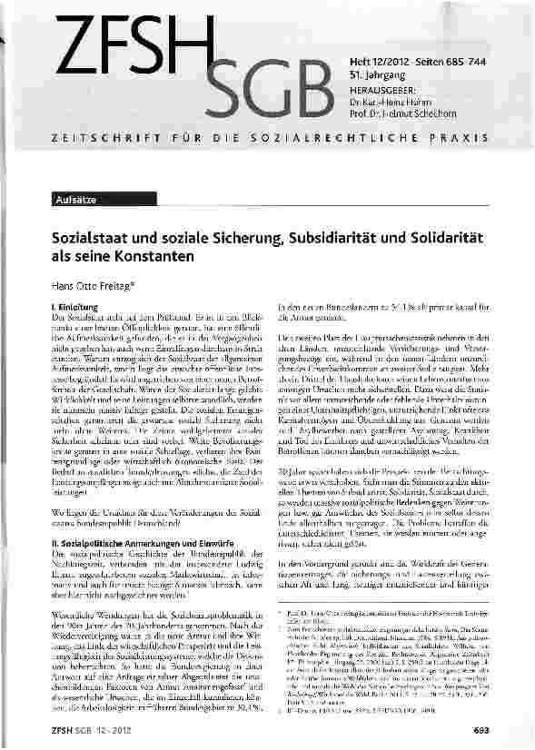 Vorschauseite 1: Sozialstaat und soziale Sicherung, Subsidiarität und Solidarität als seine Konstanten