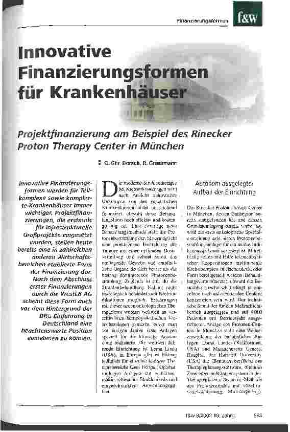 Vorschauseite 1: Innovative Finanzierungsformen für Krankenhäuser Projektfinanzierung am Beispiel des Rinecker Proton Therapy Center in München