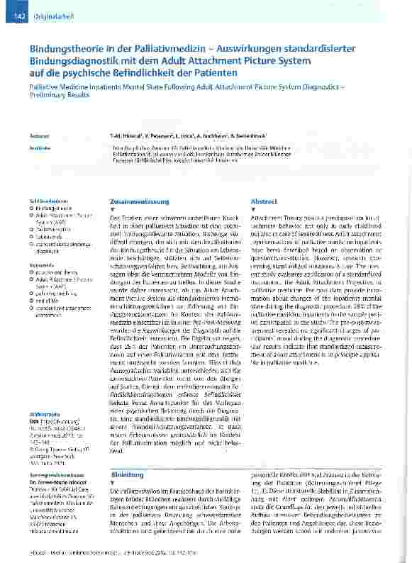 Vorschauseite 1: Bindungstheorie in der Palliativmedizin - Auswirkungen standardisierter Bindungsdiagnostik mit dem Adult Attachment Picture System auf die psychische Befindlichkeit der Patienten