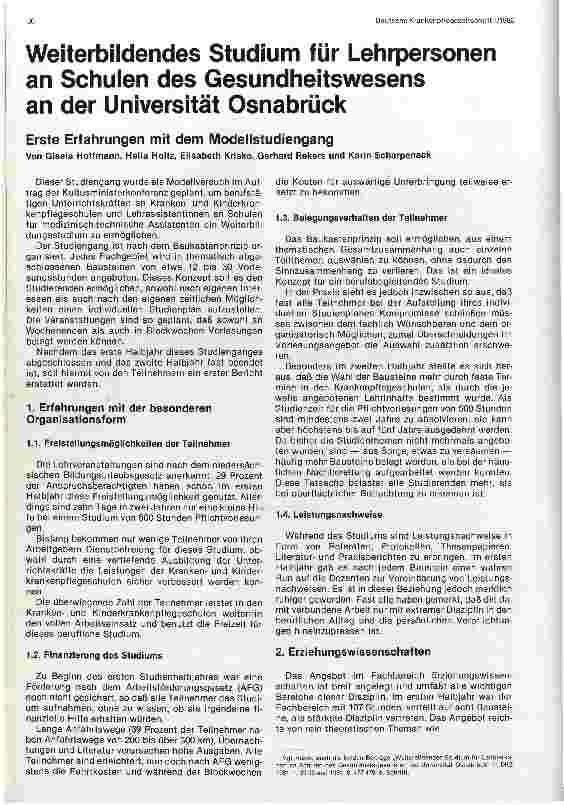 Vorschauseite 1: Weiterbildendes Studium für Lehrpersonal an Schulen des Gesundheitswesen a. d. Uni Osnabrück // Erste Erfahrungen mit d. Modellstudiengang