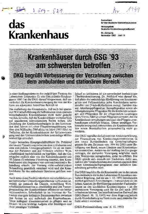 Vorschauseite 1: Krankenhäuser durch GSG ´93 am schwersten betroffen DKG begrüßt Verbesserung der Verzahnung ambulanter/stationärer Bereich