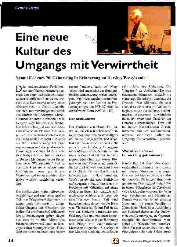 Vorschauseite 1: Eine neue Kultur des Umgangs mit Verwirrtheit Naomi Feil zum 70. Geburtstag in Erinnerung an Hershey/Pensylvania