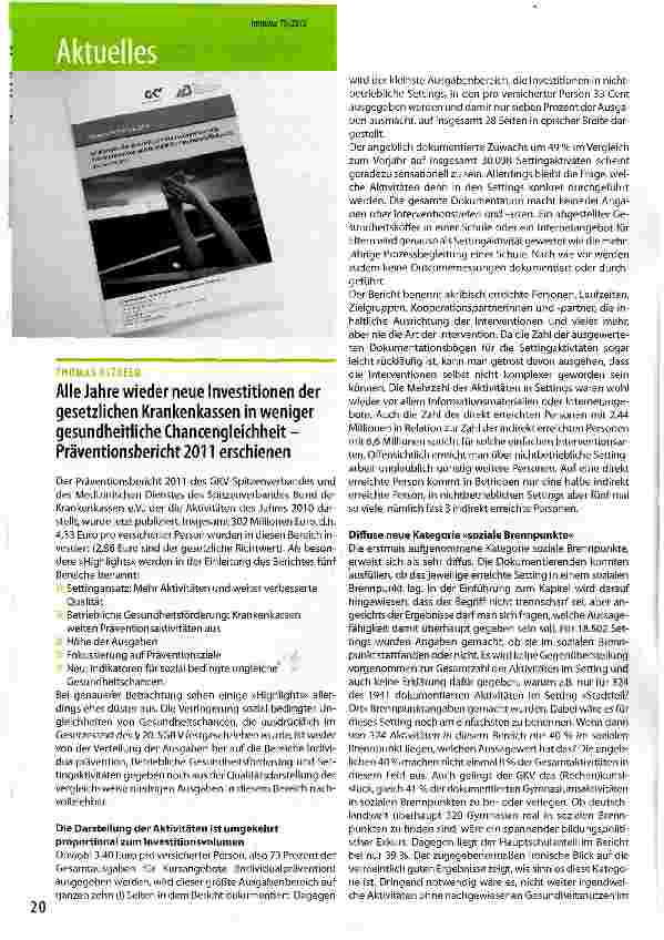 Vorschauseite 1: Alle Jahre wieder neue Investitionen der gesetzlichen Krankenkassen in weniger gesundheitliche Chancengleichheit -Präventionsbericht 2011 erschienen