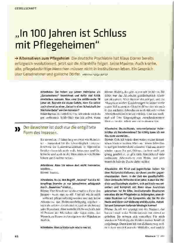 Vorschauseite 1: „In 100 Jahren ist Schluss mit Pflegeheimen