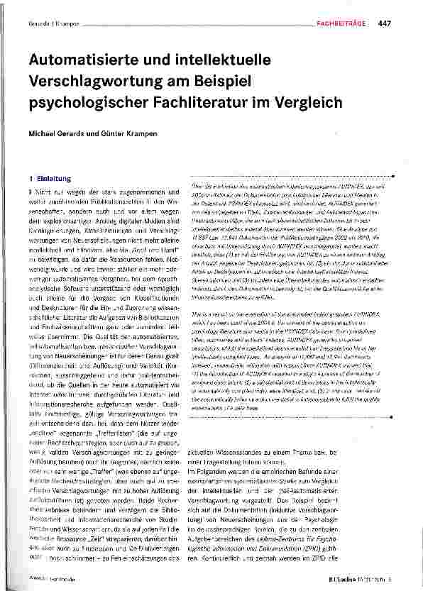Vorschauseite 1: Automatisierte und intellektuelle Verschlagwortung am Beispiel psychologischer Fachliteratur im Vergleich