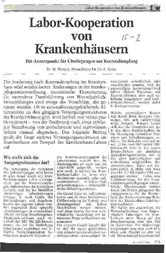 Vorschauseite 1: Labor-Kooperation von Krankenhäusern Ein Ansatzpunkt für Überlegungen zur Kostendämpfung