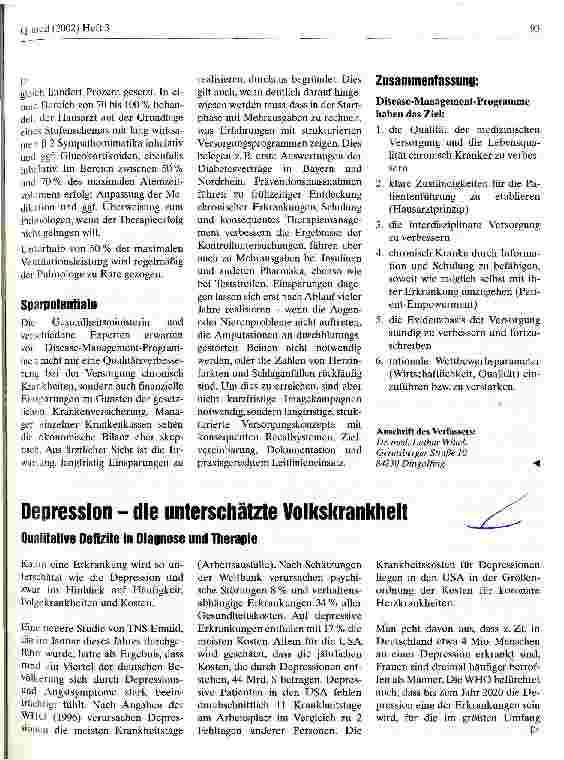 Vorschauseite 1: Depression - die unterschätzte Volkskrankheit Qualitative Defizite in Diagnose und Therapie