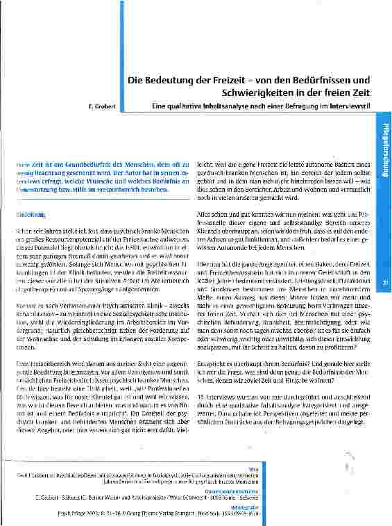 Vorschauseite 1: Die Bedeutung der Freizeit - von den Bedürfnissen und Schwierigkeiten in der freien Zeit Eine qualitative Inhaltsanalyse nach einer Befragung im Interviewstil